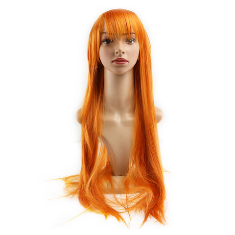 Women Girls 80CM Long Straight Synthetic Fiber Wig with Bangs for Anime Cosplay