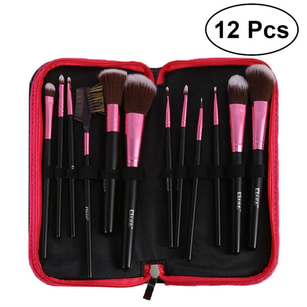 12pcs Women Wooden Handle Nylon Bristles Makeup Brush Cosmetics Powder Blush Brush Kit with Storage Bag